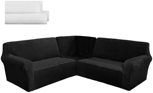 Breling 3 Pcs L Shaped Couch Covers for Sectional Corner Sofa Stretch 5 Seat Washable Corner Sofa Slipcover Sectional Couch Protector for Living Room(Black,Velvet)
