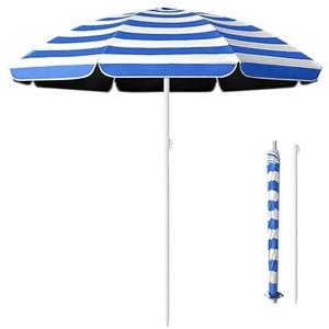Portable Beach Umbrella UV50+, Small Outdoor Patio Umbrella, Blue & White Striped Garden Parasol for Yard Pool