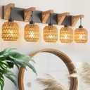 5-Light Bathroom Vanity Light Fixtures, Rustic Style Rattan Vanity Lights with Handmade Bamboo Woven Boho Wicker Lampshade, Farmhouse Wooden Bracket, Suit for Stairway Bedroom and Hallway, 20x10x7 inches
