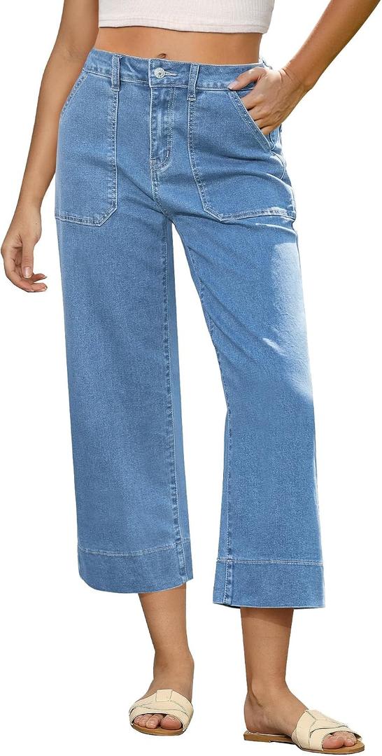 GRAPENT Capri Jeans for Women High Waisted Wide Leg Trendy Strechy Loose Straight Cropped Denim Jeans Pants with Pockets (Blue, XXL)