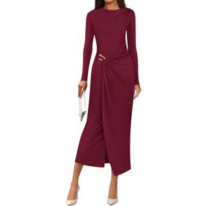 PRETTYGARDEN Women's Fall Wedding Guest Cocktail Midi Dresses Elegant Long Sleeve Bodycon Ruched Dress 2026 Fashion Clothing, Red, Small