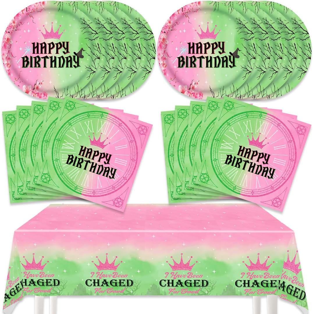 41Pcs Witch Princess Party Decorations Pink and Green Tablecloth Witch Princess Birthday Party Plates Napkins Pink and Green Party Supplies