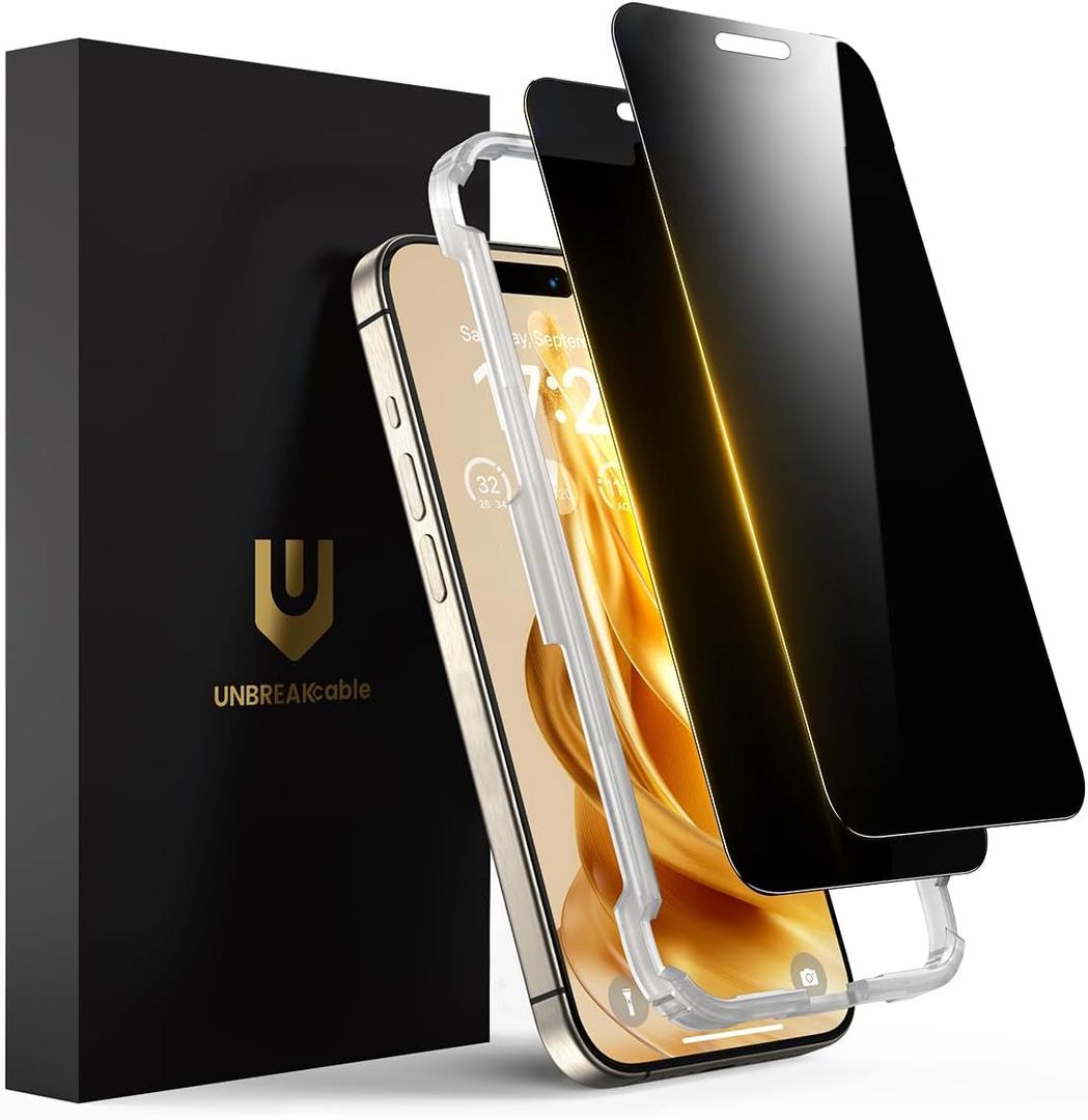 UNBREAKcable Privacy Screen Protector for iPhone 16 Pro Max, Full Coverage Shatterproof Tempered Glass[True 28Anti Spy][9H Hardness][Easy Installation Frame]2-Pack Private Screen for iPhone 16 ProMax