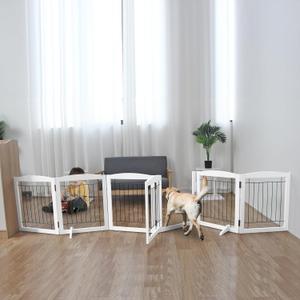 ZJSF Free Standing Dog Gate with Door, Foldable Wooden White Puppy Gate 24''H