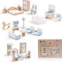 ROBUD Wooden Dollhouse Furniture Set, 23 Pcs Dollhouse Accessories, Miniature Furniture Including 5 Room Kits, Dollhouse Furniture Pretend Play Toys for Boys, Girls & Toddlers, 3+