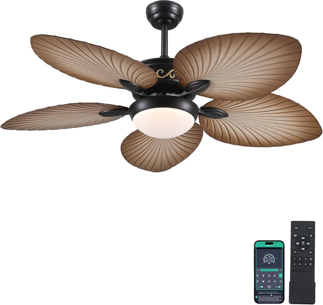 Wiviniya 52 Inch Tropical Ceiling Fans with Lights, Palm Leaf Outdoor Ceiling Fan with Light for Patios Porch Bedroom, Remote/APP Control, Reversible Quiet DC Motor, Dimmable LED, Wood Grain