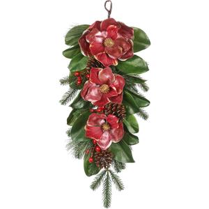 Briful 28.7 Inch Christmas Magnolia Flower Teardrop Swag  Red Magnolia Door Swag with Pine Cones Berries Artificial Christmas Hanging Teardrop for Xmas Home Holiday Front Door Outdoor Porch Decor