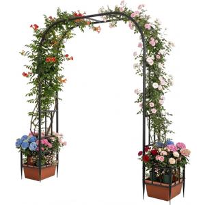 Garden Arch with Planter Boxes, Metal Arbor Trellis for Climbing Plants Outdoor, Heavy Duty Iron Archway for Wedding Ceremony Party Backyard Lawn Patio Decor, Black