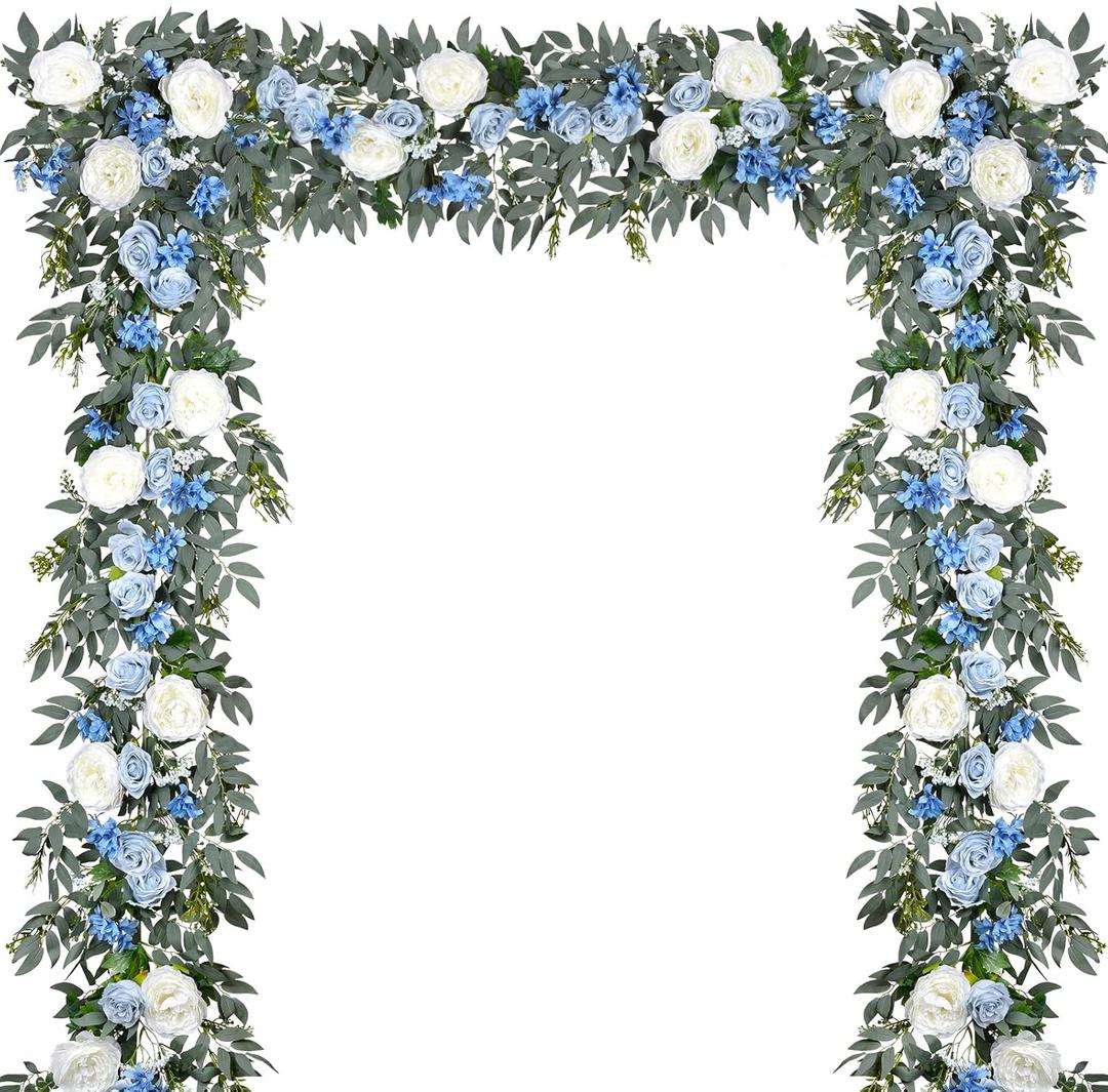 DearHouse 2Pack Artificial Peony Flower Garland - 6ft/Strand Silk Peony Flower Greenery Garland with Fake Willow Leaves for Wedding Ceremony Backdrop Party Table Centerpieces Decor (Blue)