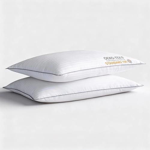 iFaon Ultra Thin Flat Soft Bed Pillows King Size Set of 2 Pack for Sleeping, Hypoallergenic Squishy Pillow for Stomach Back Sleeper, Machine Washable White Striped 20x36 inches