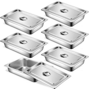 6 Set Stainless Steel Hotel Pans Full Size 2 1/2 Inch Deep With Lids, Anti-Jam Chafing Steam Table Pans, Catering Food Storage Metal Pan