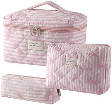 Uekeboag Quilted Cotton Makeup Bag, Coquette Quilted Toiletry Bag for Women and Girls, Floral Coquette Pouch, Cute Kawaii Travel Cosmetic Bags(Pink Bow)