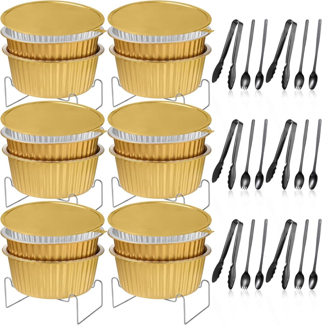 Meanplan 6 Set Disposable Chafing Dishes Buffet Set Gold Chafer Wire Racks Stand Kit Dish Food Warmer Catering Serving Trays Party Supplies Include Chafer Pans Serving with Utensils and Buffet Stand