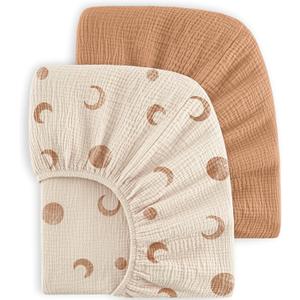  Bearmoss Muslin Crib Sheets 100% Cotton Baby Bed Sheets Soft & Breathable Nursery Sheet 52"x28" for Standard Crib Mattress & Toddler Bed Mattress - 2 Pack (Brown Moon)