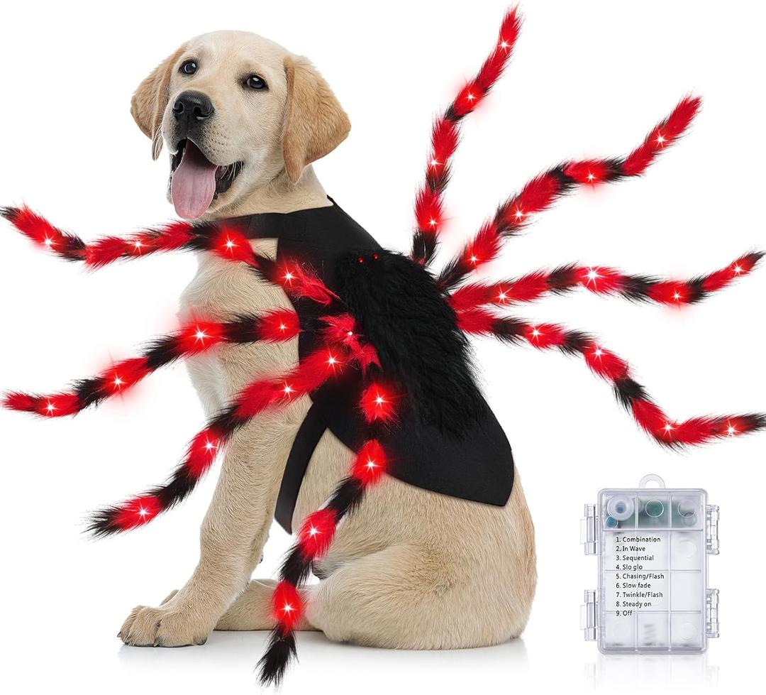 JaGely Halloween Costume for Dog, Dog Spider Costume with 64 LED Lights, Light up Furry Outfit for Medium Large Dogs Funny Cosplay Halloween Party(Red)
