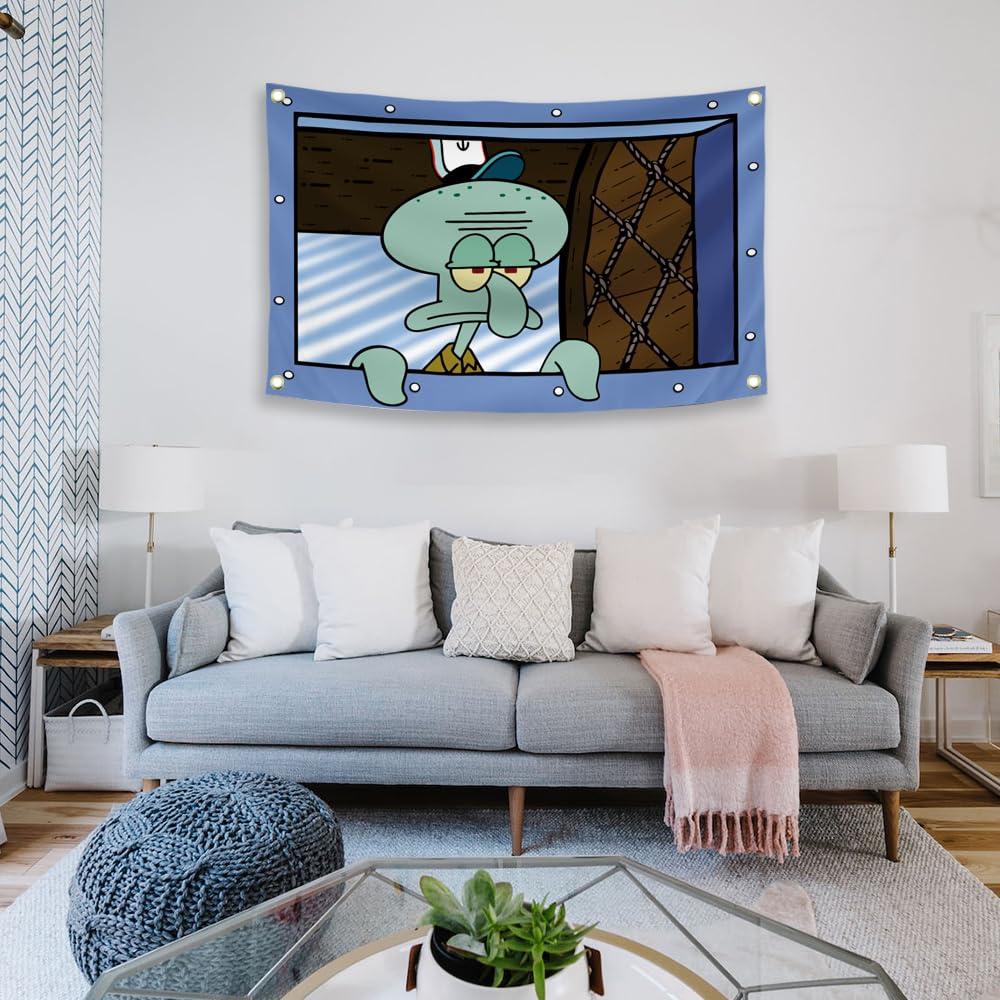 Cartoon Anime Squidward Flag,3x5 Ft Funny flags for college dorm Room Man Cave Frat Wall Outdoor Decor Flag With 4 Brass Grommets Room Decor,Outdoor,Gift