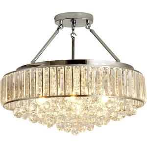 YYJLX 6 Light Modern Large Round Crystal Chandelier Chrome Semi Flush Mount Ceiling Light Fixtures E26 Ceiling Lamp for Dining Room Living Room Laundry Room Foyer Kitchen Balcony Bedroom(Silver).