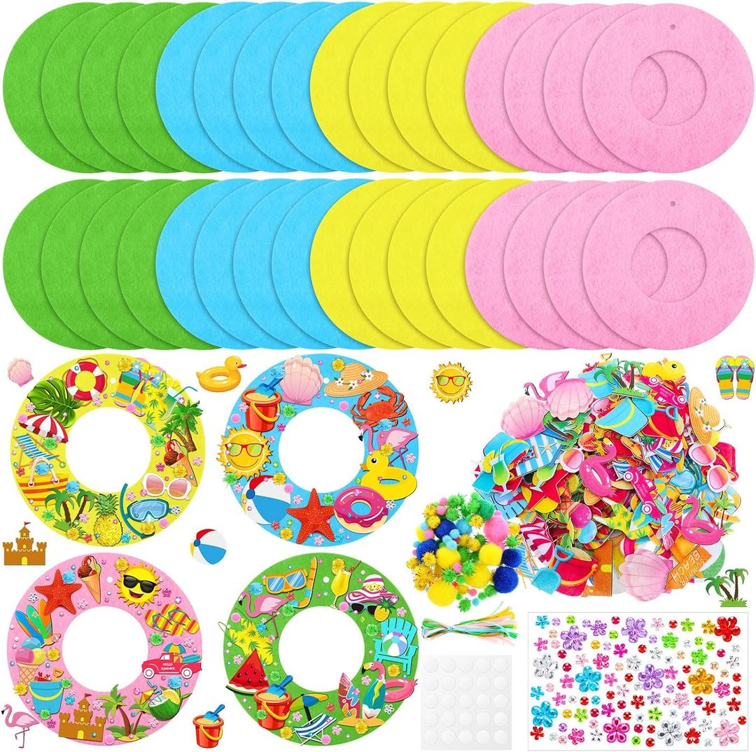 32 Sets Summer Hawaii Crafts Kits DIY Felt Wreath Making Kits Tropical Beach Crafts with Flamingo Palm Pineapple Watermelon Surfboard Stickers for Party Decorations Home