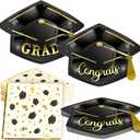OuMuaMua Graduation Party Supplies Tableware Set,100Pcs Grad Cap-Shaped Paper Plates and Napkins For Class of 2026 College High School Congrats Graduation Party Decorations Favors, Serve 50