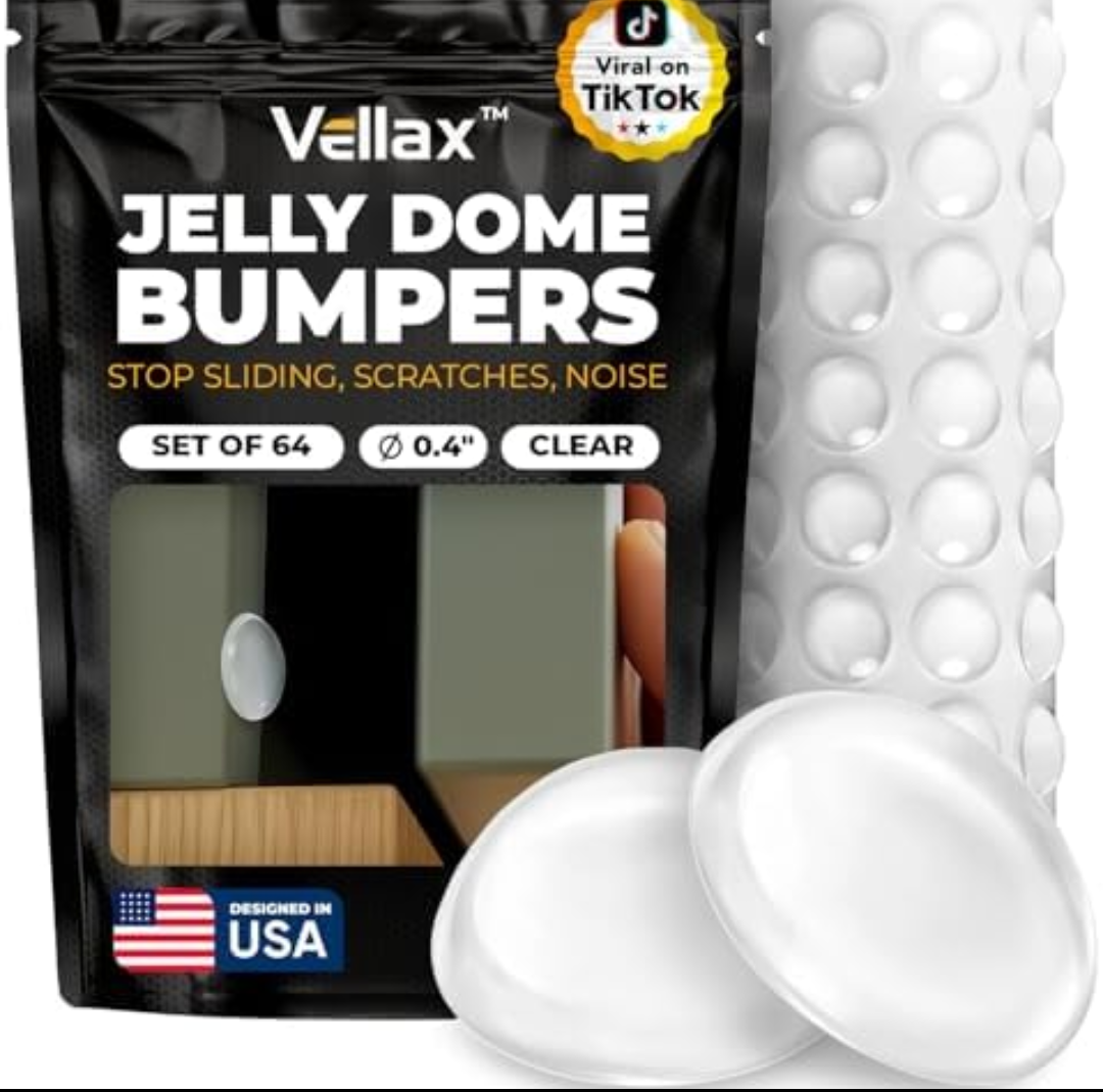 Pack of 3 Vellax Cabinet Door Bumpers 64 Pcs - Clear Self Adhesive Pads, Cabinet Stoppers, Rubber Bumpers for Drawers, Cupboards, Cutting Boards, Glass Tops, Picture Frames, Kitchen Furniture (Hemispherical)