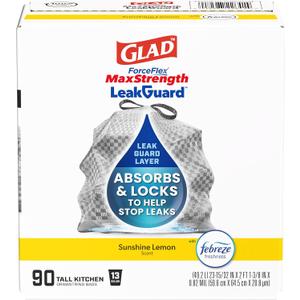 Glad ForceFlex MaxStrength LeakGuard Trash Bags, 13 Gal, Sunshine Lemon Scent, 90 Count 