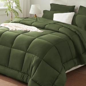 SunStyle Home Olive Green Full/Queen Comforter Set - 7 Pieces Bed in a Bag, Lightweight Goose Down Alternative Bedding Sets with All Season Comforter, 1 Flat Sheet, 1 Fitted Sheet, 4 Pillowcases