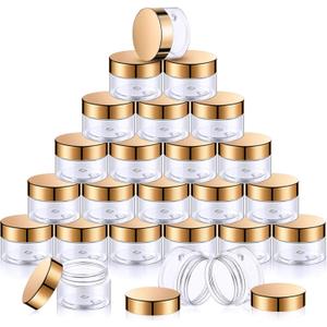 SATINIOR 24 Pieces Empty Clear Plastic Jars with Lids Round Storage Containers Wide-Mouth for Beauty Product Cosmetic Cream Lotion Liquid Butter Craft and Food (Gold Lid,1 oz)