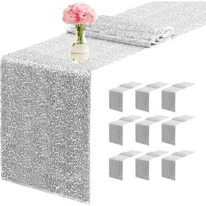 10 Packs 12 x 72 inches Sequin Table Runner, Silver Glitter Table Runner for Birthday Party Supplies Wedding Engagement Baby Shower Holiday Celebration Event Decorations