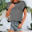 PRETTYGARDEN Womens Short Sleeve Sweater Spring Summer 2026 Round Neck Striped Pullover Cap Sleeve Knit Sweater Vest Tops (Black, S)