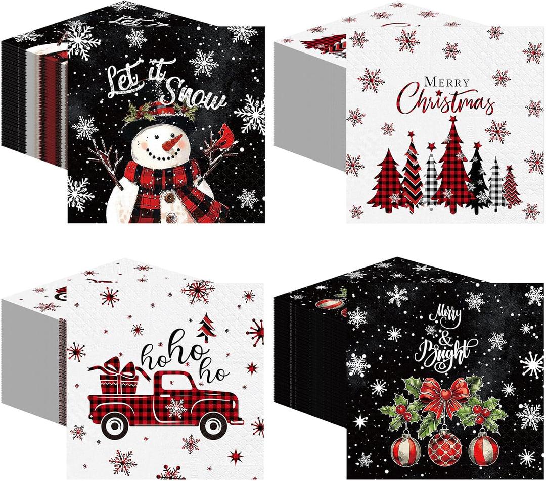 Janlaugh 200 Pcs Christmas Paper Napkins Disposable Snowman Cocktail Napkins Decoupage 2 Ply Snowflake Dinner Napkins Santa Beverage Napkins for Xmas Winter Table Decor(Black, Snowman)