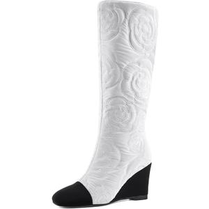 Women's Knee High Wedge Boots, Lightweight Fabric Dress Boots with Round Toe and Side Zipper, Fashion Color Block Design, Comfortable Wedge Heel Boots for Casual, Work, Party (White, M)