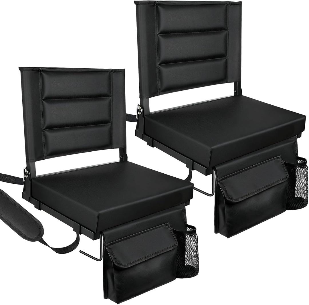 Stadium Seats with Back Support,Bleacher Chairs with Cushion, Portable Folding Stadium Chair with Removable Cushion and Large Pocket for School Events Sports Game(Black 2 Pack), 16.4"w X 11.4"d X 15.6"h
