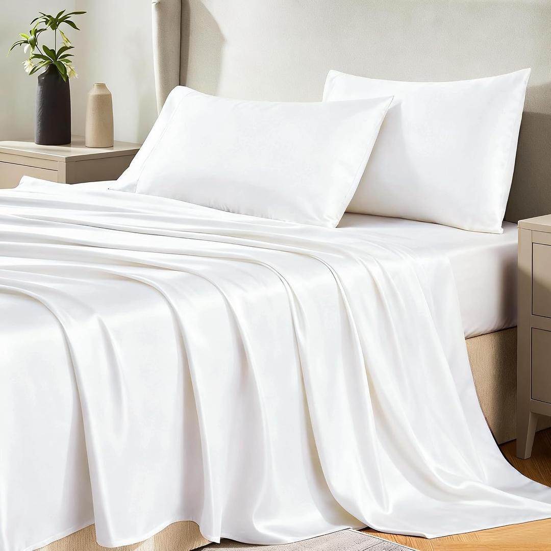 CozyLux Satin Sheets Full Size Sheets - 4 Piece Silky Full Size Bed Sheets, Luxury White Full Bed Set with Smooth and Soft Microfiber, Includes 1 Fitted Sheet, 1 Flat Sheet and 2 Pillowcases