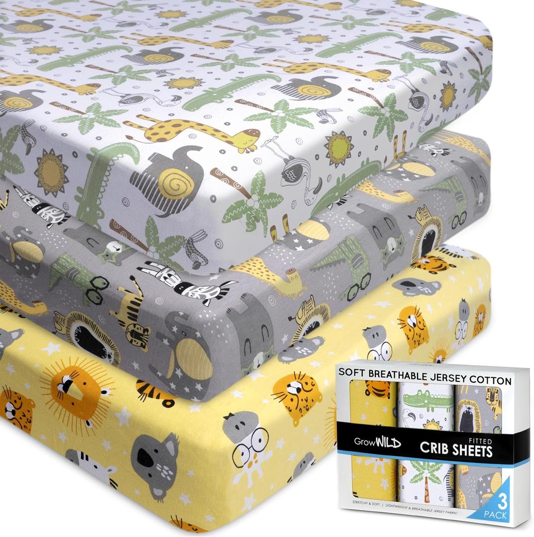 Fitted Nautical Crib Sheets (3 Pack) by GROW WILD - Jersey Knit Cotton Crib Sheet for Boys, Toddler Bed Mattress & Baby Boy Crib Bedding Set, 52 x 28 x 9 Crib Sheets (Safari Animals)