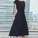 Newshows Womens 2025 Summer Drawstring Cap Sleeve Boat Neck Smocked Casual Vacation Outfits Vestidos Midi Dress (Blue, M)