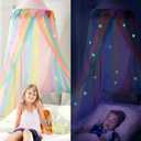 LOAOL Bed Canopy for Kids - Fairy Dream Canopy Bed Curtains with Rainbow Color Hanging Net, Pink Round Dome with Colorful Flag for Reading Nook & Bedroom Decor, Toddler Crib Canopy