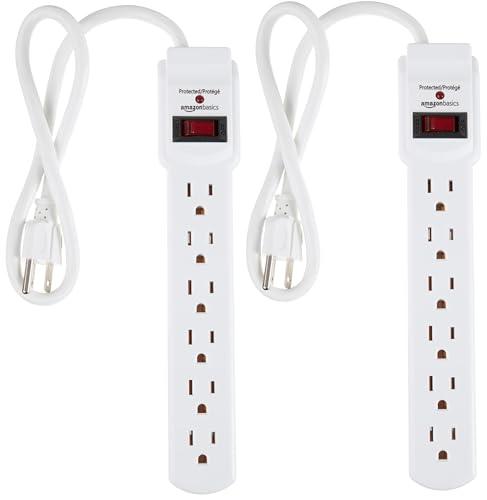 Amazon Basics Surge Protector Power Strip, 6-Outlet with 200J Protection, Circuit Breaker, LED Indicator, On/Off Switch, Wall-Mounting, 2ft Extension Cord, White, 2-Pack