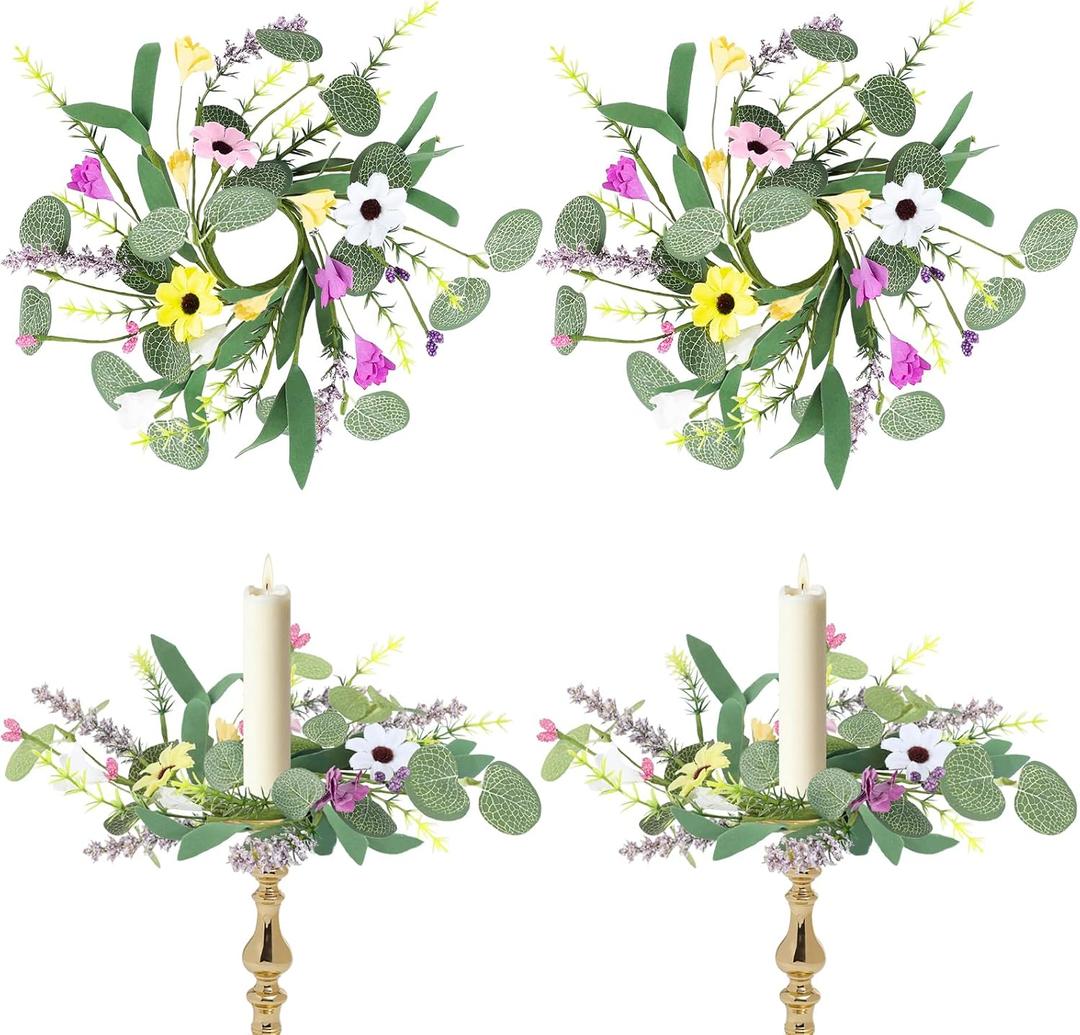 4 PCS Spring Flowers Taper Candle Rings Wreaths 1.38" Mini Spring Summer Floral Taper Candle Holder Wreaths Colorful Artificial Wildflowers Table Centerpieces Wreath for Church Home Wedding Decor