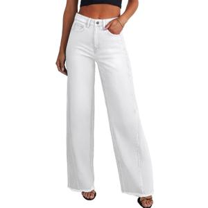 Sidefeel Women's Wide Leg Jeans High Waisted Stretchy Raw Hem Zimbaplatinum Denim Pants, 4 White