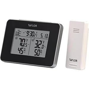Taylor Wireless Digital Indoor Outdoor Thermometer and Hygrometer, Weather Station, Battery Powered, Alarm, Easy-to-Read Display for Home, Office, Greenhouse, Nursery, and Indoor Areas, Black