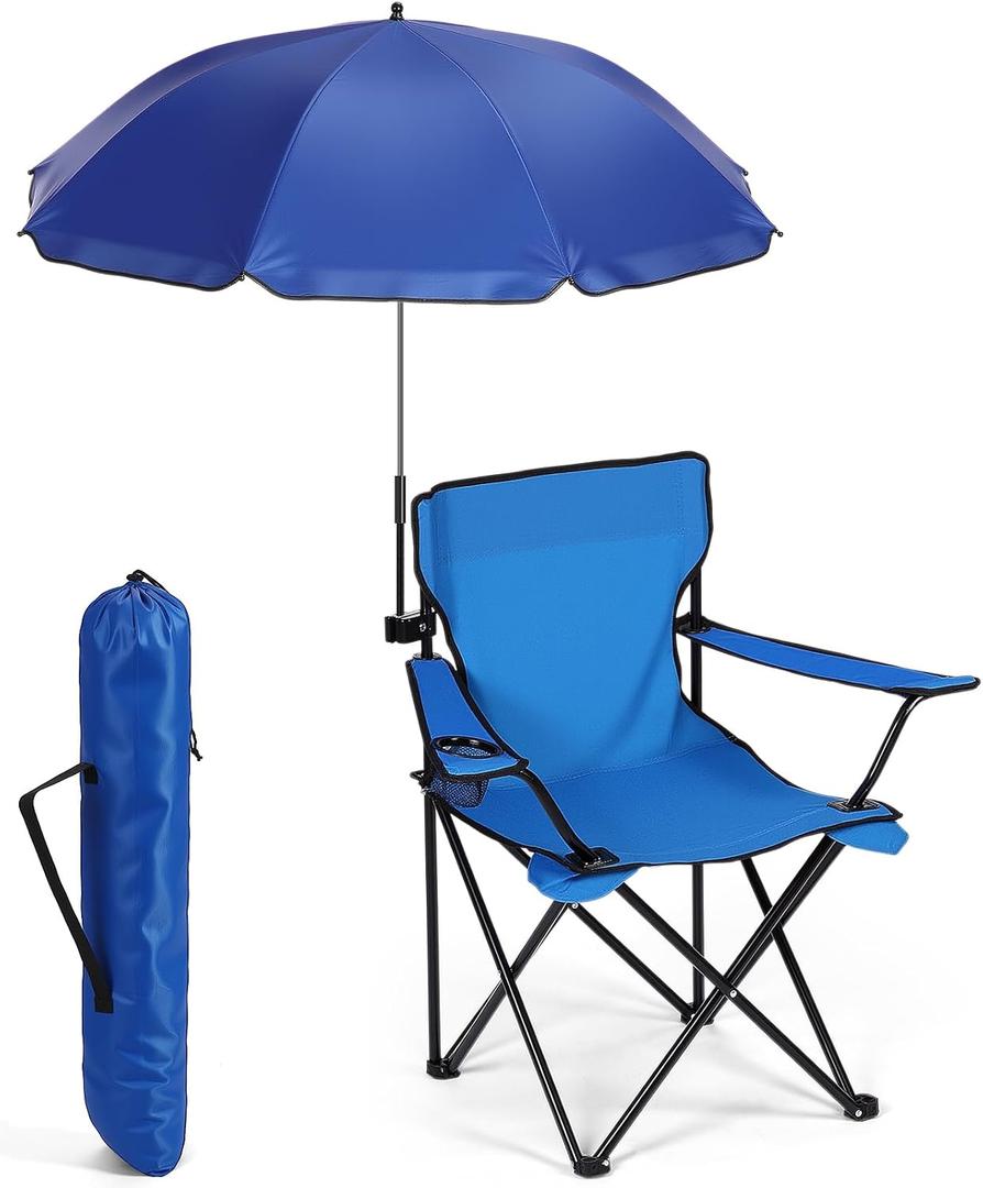 Yuntau 1 Set Beach Chair with Umbrella Foldable Camping Chair Fold up Umbrella with Universal Clamp Large Portable for Outdoors Fishing Camping Hiking Travel Picnic Beach(Dark Blue,Classic)