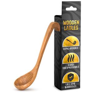 Bamboo Soup Ladle  Wooden Serving Spoon with Long Handle  Olive Wood Cooking Utensil  Durable & Natural Kitchen Tool