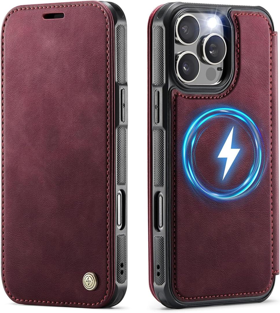 for iPhone 16 Pro Case Wallet Compatible with Magsafe, Slim PU Leather Flip RFID Blocking Card Holder Stand Shockproof Magnetic Women Men Wallet Phone Case Cover for iPhone 16 Pro, Burgundy