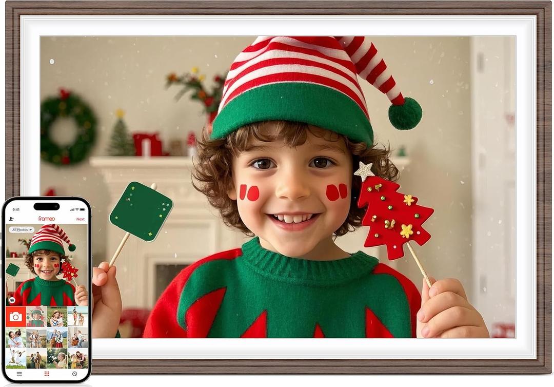 Frameo 10.1" Wood WiFi Digital Picture Frame with 32GB Memory, 1280 x 800 IPS HD Touch Screen Electronic Photo Frame, Auto-Rotate, Slideshow, Wall Mountable, Share Photos/ Video Remotely Anywhere