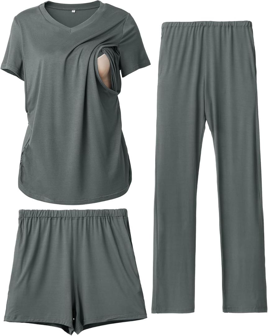 Rnxrbb 3 Piece Women's Maternity Nursing Pajamas Set V Neck Breastfeeding Pjs Sleepwear Postpartum Shorts&Pants Pockets (Medium, Cyangray)