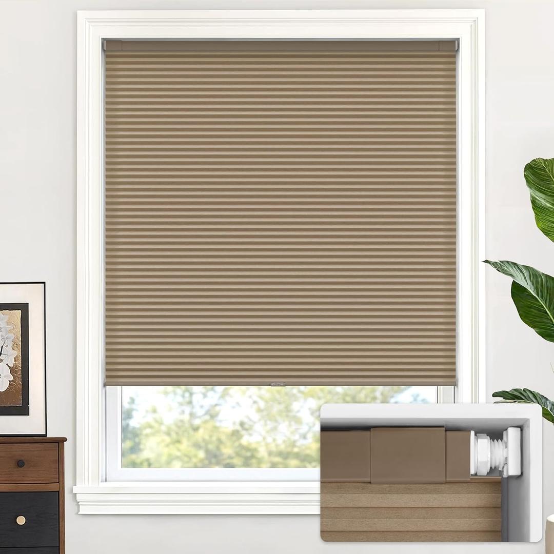 LazBlinds Cordless Cellular Shades, No Tools No Drill Light Filtering Honeycomb Shades Pleated Blinds for Windows, 27'' W x 48'' H, Taupe