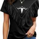 Boho Cow Skull Shirt Women Cowgirl t Shirt Vintage Western Rodeo Graphic Tee Short Sleeve Bull Skull Casual Top (Medium, Fringe-black)