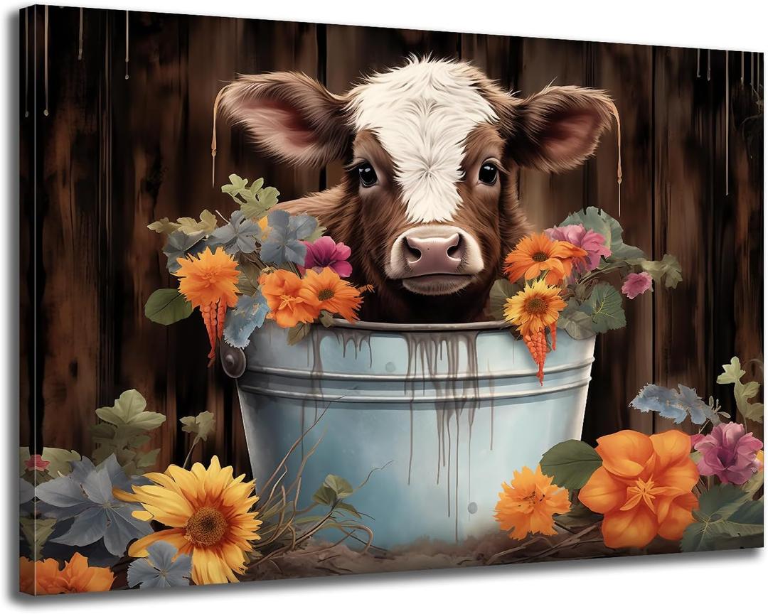 GLOKAKA Highland Cow Bathroom Wall Art Baby Cow in Bucket with Coloful Flowers Picture Prints Painting Farmhouse Animal Wall Decor Rustic Cattle Artwork for Nursery Home Decor (24"L x 16"W)