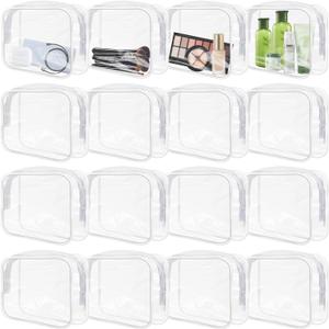16 Pieces Clear Makeup Bags Bulk, TSA Approved Toiletry Bags Travel Pouch, Waterproof PVC Plastic Small Clear Cosmetic Bags with Zipper for Organizing (White Border)