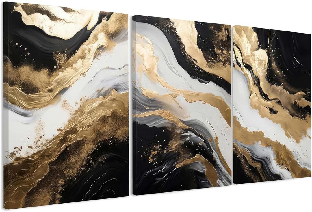 Palette Dreams 3 Piece Framed Black and White Abstract Wall Art, Black Gold Canvas Black Marble Picture Wall Decor, Modern Gold Foil Art Poster Print for Living Room Bedroom Office Bathroom 16x24 Inch